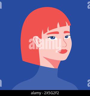 Jeune femme rousse avec le portrait des lèvres rouges. Portrait demi-tour d'une jeune femme aux cheveux roux. Illustration vectorielle Illustration de Vecteur