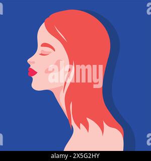 Belle femme rousse avec des lèvres rouges portrait. Profil d'une jeune femelle aux cheveux roux. Illustration vectorielle Illustration de Vecteur