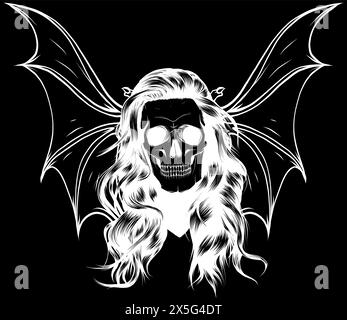 silhouette blanche de batte de crâne ailée ou ailes de dragon sur fond noir illustration vectorielle dessin à la main Illustration de Vecteur