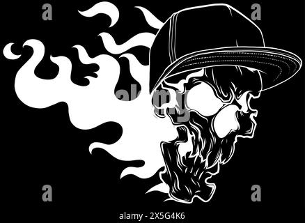 silhouette blanche de tête de crâne avec chapeau pop de hanche et flammes sur fond noir. illustration vectorielle de la conception de digita Illustration de Vecteur