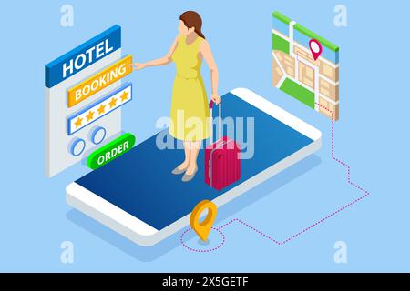 Concept isométrique de réservation d'hôtel en ligne. Jeune femme tenant un smartphone avec l'application de la salle de réservation sur l'écran. Le smartphone indique la position gps. Illustration de Vecteur