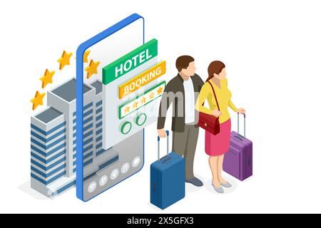 Entrée de l'hôtel chère. Concept isométrique de réservation d'hôtel en ligne. Les personnes réservant hôtel et recherchant les réservations pour les vacances. Smartphone Maps gps Illustration de Vecteur