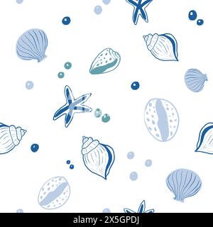 Créatures marines, coquillages, étoiles de mer, bulle, modèle sans couture, vibes d'été, papier numérique, papier d'emballage, illustration pour enfants Banque D'Images