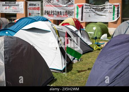 Madrid, Espagne. 09 mai 2024. Un drapeau palestinien accompagne les tentes, lors d’un camp étudiant sur le campus de l’Université Complutense de Madrid, exigeant que le génocide avec le peuple palestinien cesse. Des étudiants de différentes facultés de l’Université Complutense de Madrid (UCM) ont installé un camp à durée indéterminée dans le but de montrer leur soutien au peuple palestinien et d’exiger la fin du génocide dans la bande de Gaza. Crédit : SOPA images Limited/Alamy Live News Banque D'Images