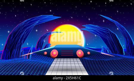 Vaisseau spatial volant au-dessus de la planète extraterrestre avec des montagnes anciennes et le soleil, dans le style synthwave de jeu des années 80 Illustration de Vecteur