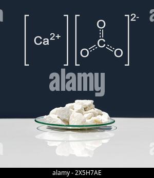 Puce de carbonate de calcium dans le verre de montre chimique avec structure moléculaire sur la table blanche de laboratoire. Vue latérale Banque D'Images