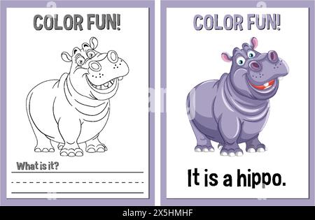 Activité de coloriage éducative avec un hippopotame heureux Illustration de Vecteur