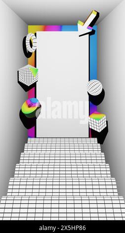 Maquette verticale 16:9, fond géométrique moderne avec des dégradés iridescent et des grilles 3D, espace pour votre texte et votre conception Banque D'Images