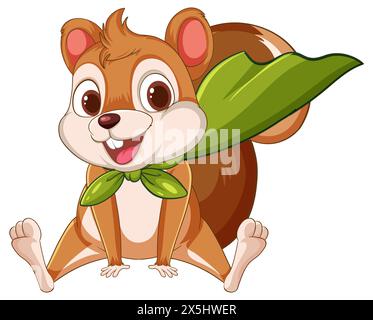 Écureuil de dessin animé souriant, tenant une grande feuille Banque D'Images