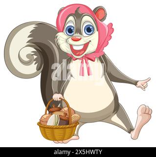 Écureuil de dessin animé tenant un panier, souriant joyeusement Banque D'Images