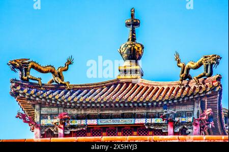 Décoration des figures de toit du Pavillon Dragon, Gugong, Cité interdite. Palais de l'empereur, Pékin, Chine. Dragon est un symbole du Palais de l'Empereur construit dans les années 1400 pendant la dynastie Ming Banque D'Images