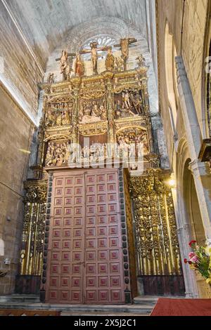 Lugo, Espagne - 10 mai 2024 : la porte rouge de la cathédrale de Lugo, un détail architectural invitant les visiteurs à explorer la riche histoire et la culture du P. Banque D'Images