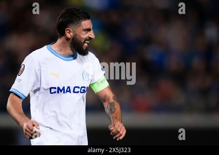 Bergame, Italie. 9 mai 2024. Samuel Gigot de l'Olympique de Marseille réagit lors de la demi-finale de l'UEFA Europa League qui oppose Atalanta BC et l'Olympique de Marseille. Crédit : Nicolò Campo/Alamy Live News Banque D'Images
