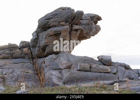 Asie, Mongolie, désert oriental de Gobi. Formations rocheuses intéressantes trouvées parmi les plaines herbeuses. Banque D'Images