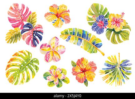 Feuilles et fleurs de vecteur tropical isolées sur un fond blanc. Illustration de Vecteur