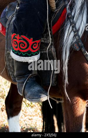 Asie, Mongolie, Province de Bayan Oglii. Altaï Eagle Festival, détails des vêtements décorés portés par les hommes et les garçons kazakhs. Banque D'Images