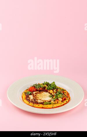 houmous avec du pain plat dans une assiette décorée avec des herbes et du poulet Banque D'Images