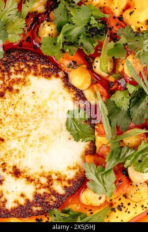 houmous avec du pain plat dans une assiette décorée avec des herbes et du poulet Banque D'Images