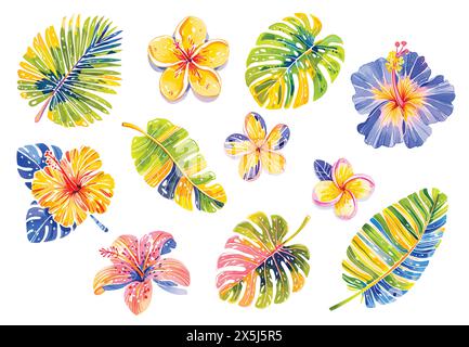 Feuilles et fleurs de vecteur tropical isolées sur un fond blanc. Illustration de Vecteur
