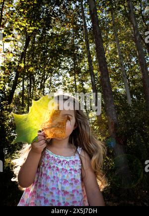 Petite fille longs cheveux blonds se cachant derrière une feuille colorée géante Banque D'Images