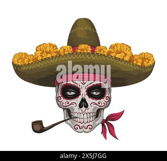 Crâne portant sombrero, bandana avec pipe dans la bouche Illustration de Vecteur