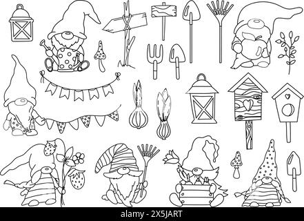 Ensemble d'illustrations de Gnome et d'objets de jardin au format vectoriel est parfait pour les activités de coloration Illustration de Vecteur