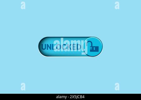 Bouton bleu numérique 3D pour déverrouiller le système, l'idée réussie ou le concept de créativité. Banque D'Images