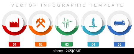 Ensemble d'icônes de l'industrie et de la technologie, icônes vectorielles diverses telles que l'usine, l'exploitation minière, l'énergie éolienne, le pétrole et le camion, modèle d'infographie de conception moderne, Illustration de Vecteur