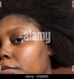 Cheveux bouclés afro noirs avec rétrécissement, cheveux de type 4c secs avec un fond brun Banque D'Images