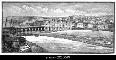 Pont Bideford sur la rivière Torridge, North Devon tel qu'il apparaissait à la fin du XIXe siècle. Illustration en noir et blanc de notre propre pays vol III publié par Cassell, Petter, Galpin & Co à la fin du XIXe siècle. Banque D'Images