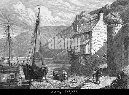 Bateaux de pêche dans le port de Clovelly à la fin du XIXe siècle. Illustration en noir et blanc de notre propre pays vol III publié par Cassell, Petter, Galpin & Co à la fin du XIXe siècle. Banque D'Images