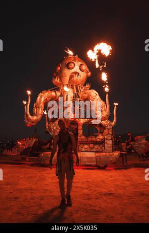 Scène vibrante du festival du désert avec feux d'installation artistique Banque D'Images
