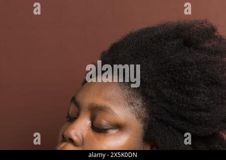 Cheveux bouclés afro noirs avec rétrécissement, cheveux de type 4c secs avec un fond brun Banque D'Images