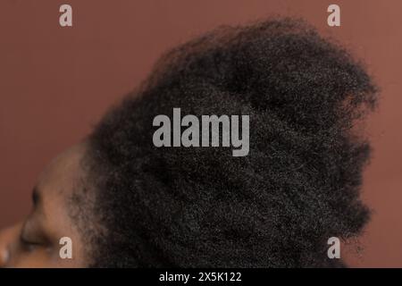 Cheveux bouclés afro noirs avec rétrécissement, cheveux de type 4c secs avec un fond brun Banque D'Images