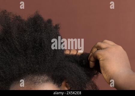 Cheveux bouclés afro noirs avec rétrécissement, cheveux de type 4c secs avec un fond brun Banque D'Images