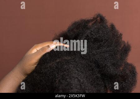 Cheveux bouclés afro noirs avec rétrécissement, cheveux de type 4c secs avec un fond brun Banque D'Images