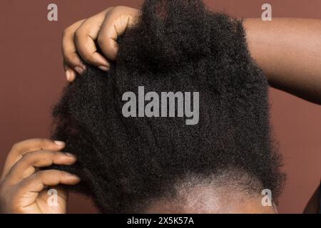 Cheveux bouclés afro noirs avec rétrécissement, cheveux de type 4c secs avec un fond brun Banque D'Images