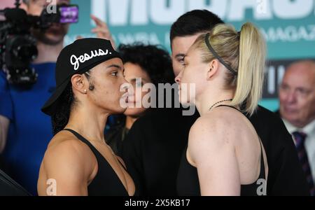 Jessica McCaskill (à gauche) et Lauren Price lors de la pesée au Cardiff City Stadium. Date de la photo : vendredi 10 mai 2024. Banque D'Images