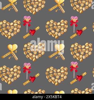 Motif aquarelle sans couture. Dessin à la main. Illustration d'aquarelle, noix de pâte et tubes de gaufre avec des coeurs de crème. Banque D'Images