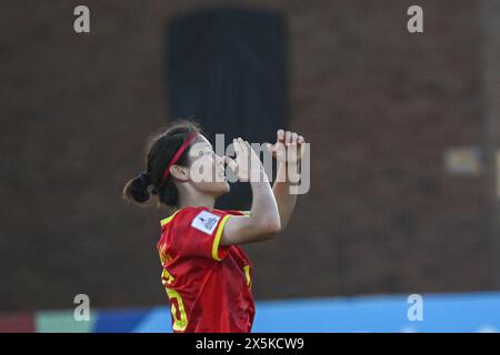 Bali, Indonésie. 10 mai 2024. Zhang Kecan, de Chine, réagit après avoir marqué lors du match du Groupe B de la Coupe d'Asie féminine U17 de l'AFC 2024 entre la Thaïlande et la Chine au Bali United Training Center à Bali, en Indonésie, le 10 mai 2024. Crédit : Agung Kuncahya B./Xinhua/Alamy Live News Banque D'Images