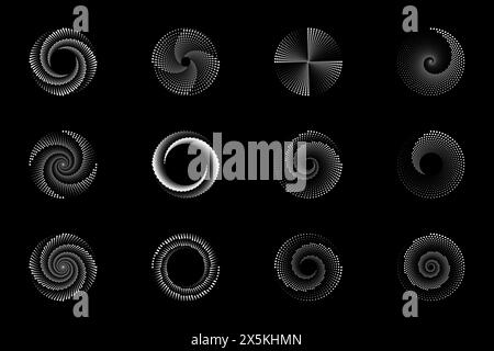 Icônes demi-tons en pointillés en spirale. Ensemble de logos futuristes numériques vortex. Formes géométriques vectorielles Illustration de Vecteur