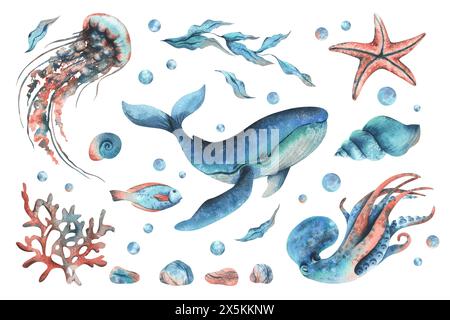 Poulpe, baleine, méduses, tortue, coquillages, étoiles de mer, poissons, bulles, autres animaux marins. Illustration d'aquarelle dessinée à la main en turquoise, bleu et corail Banque D'Images