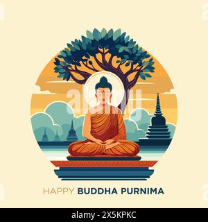 Illustration vectorielle de bouddha purnima. Bouddha assis sous un arbre bodhi. Fond de temple de montagne. Asadha purnima, bouddha purnima. Illustration de Vecteur