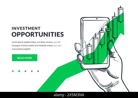 Main tenant le téléphone portable avec le graphique de marché boursier financier croissant sur fond de flèche verte. Illustration d'esquisse vectorielle dessinée à la main. Investissement profi Illustration de Vecteur