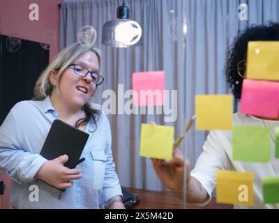 Royaume-Uni, Londres, femmes utilisant des notes adhésives au bureau Banque D'Images