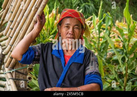 Portrait d'une femme hmong fleurie, Mu Cang Chai, Yen Bai, Vietnam Banque D'Images