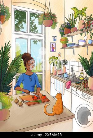 Femme souriante coupant la tomate dans la cuisine, illustration Banque D'Images