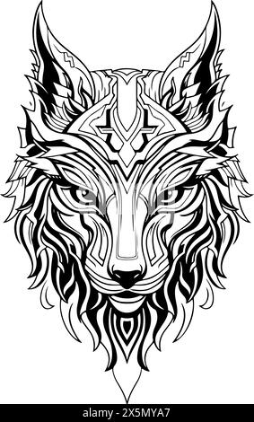 Dessin noir et blanc d'un loup avec une crinière. Le loup a un regard féroce sur son visage. Modèle de logo de tête de loup ornemental. Illustration de Vecteur