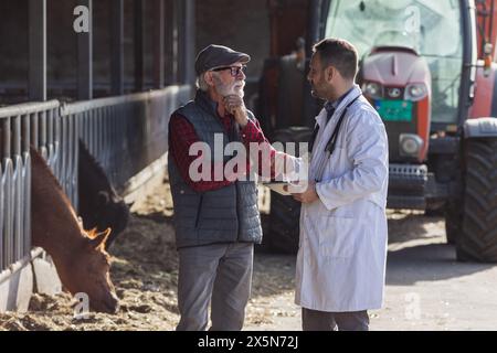 Vétérinaire et agriculteur mature parlant devant le tracteur et le bétail dans l'étable Banque D'Images