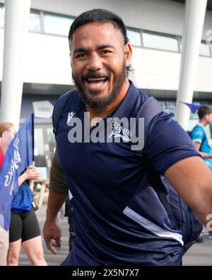 Vente Sharks centre Manu Tuilagi arrive au stade avant le match Gallagher Premiership match Sale Sharks vs Leicester Tigers au Salford Community Stadium, Eccles, Royaume-Uni, le 10 mai 2024 (photo par Steve Flynn/News images) Banque D'Images